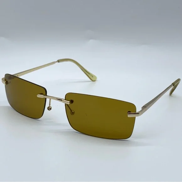 Slim Retro Rimless Rectangular Sunglasses in Gold- Brown - Picture 2 of 11